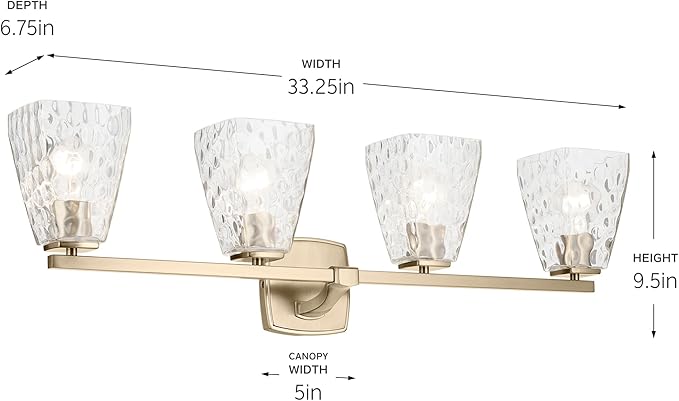 Kichler Marant 33.25" 4-Light Vanity Light with Clear Water Glass in Champagne Bronze, for Bathroom, Powder Room, Over a Mirror, (33.25" W x 9.5" H), 55217CPZWTR