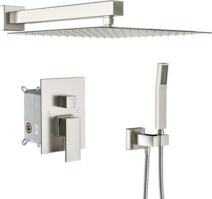 Lordear Rain Shower System 10 Inch Faucet Set Brushed Nickel Finish Stainless Steel Square Rainfall Shower Head with Handheld, Solid Brass Valve Included