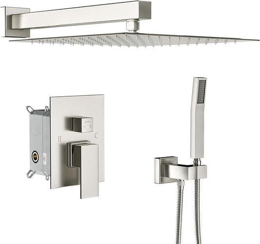 Lordear Rain Shower System 10 Inch Faucet Set Brushed Nickel Finish Stainless Steel Square Rainfall Shower Head with Handheld, Solid Brass Valve Included