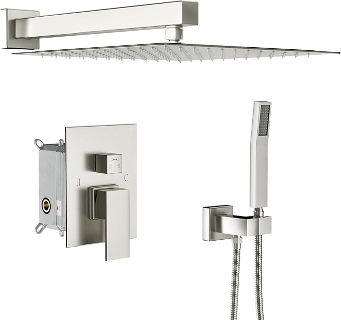 Lordear Rain Shower System 12 Inch Wall Mounted Shower Faucet Set, Brushed Nickel Stainless Steel Shower Head with Handle Set and Brass Valve Brushed Nickel 12" Shower Head