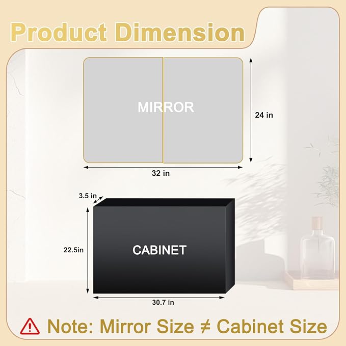 32x24 in Brushed Gold Double Door Medicine Cabinet with Mirror | Fully Assembled; Recessed or Surface Wall Mount; Metal Cabinet with Tempered Glass Mirror and Two Adjustable Glass Shelves