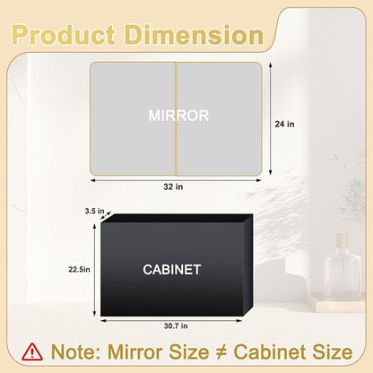 32x24 in Brushed Gold Double Door Medicine Cabinet with Mirror | Fully Assembled; Recessed or Surface Wall Mount; Metal Cabinet with Tempered Glass Mirror and Two Adjustable Glass Shelves