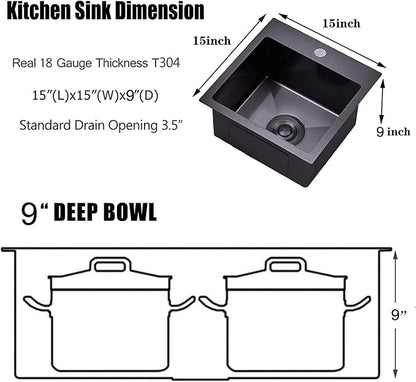 VAPSINT 15x15 Inch Black Drop In Bar Sink, Single Bowl Top Mount Handmade Gunmetal Black Wet Bar Prep RV Sink, 16 Guage Stainless Steel Outdoor Small Kitchen Sinks with Grid & Drain Strainer