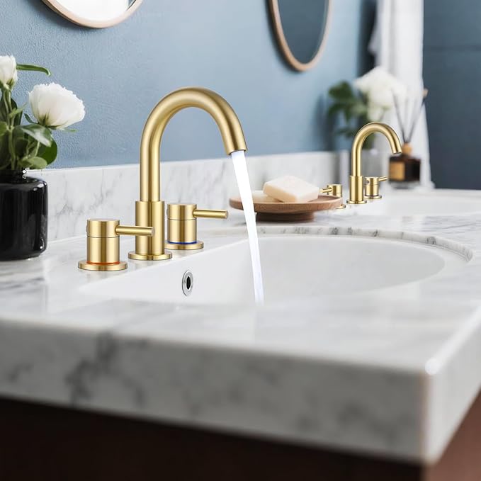 FGKQ Bathroom Faucet for Sink 3 Hole Brushed Glod, Bathroom Sink Faucet with Pop Up Drain, 8 Inch Widespread Vanity 3 Hole, 360° Swivel Two Handle with Supply Lines