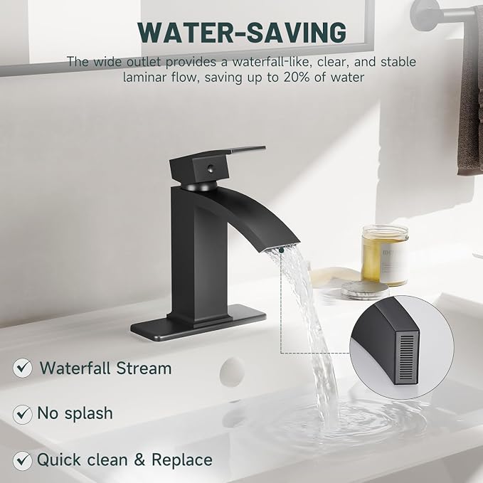 Matte Black Waterfall Bathroom Faucets for 1 or 3 Holes, Brass | Single Handle Bathroom Sink Faucet for Lavatory Commercial Vanity, Basin Taps with Deck Plate, Pop Up Drain and Supply Line