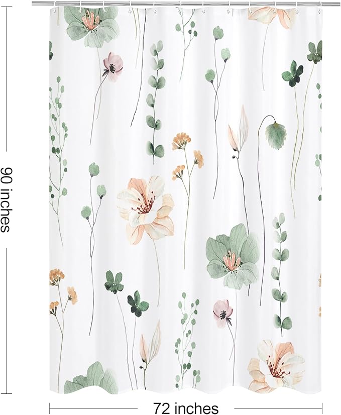 Sage Green Beige Watercolor Floral Fabric Shower Curtain, 72x90 | Waterproof Fabric, Modern Minimalist Floral Print, Machine Washable, Rustproof Grommets, for Bathroom Home, Extra Long