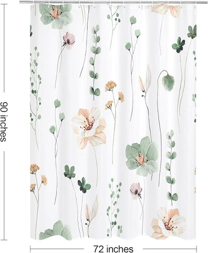 Sage Green Beige Watercolor Floral Fabric Shower Curtain, 72x90 | Waterproof Fabric, Modern Minimalist Floral Print, Machine Washable, Rustproof Grommets, for Bathroom Home, Extra Long