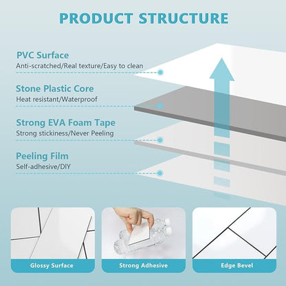 Vamos Tile White Peel and Stick Backsplash, Glossy 3''x6'' PVC Subway Tile | 4-Piece White Subway Tile with Dark Gray Grout,Stick on Backsplash for Kitchen/Bathroom/Fireplace/Laundry/Camper