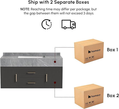 39.3" Floating Bathroom Vanity with Undermount Sink – Black Walnut & Gold, Sintered Stone Countertop, Soft-Close Drawers, Space-Saving Wall-Mount Design Ideal for Modern Bathrooms