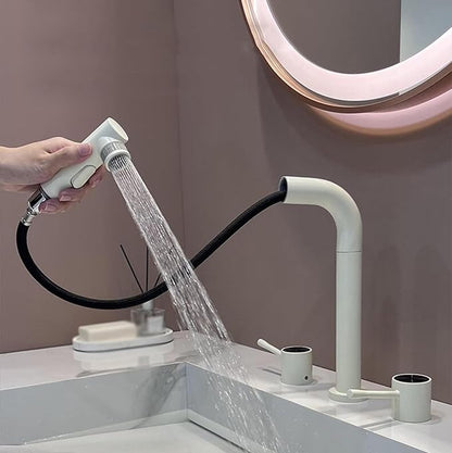 BiaoTeng Bathroom Faucets for Sink 3 Hole Pull Out 3 Functions with 360° Swivel Hot and Cold Double Handle Faucets for Bathroom Sinks Brass Milky White