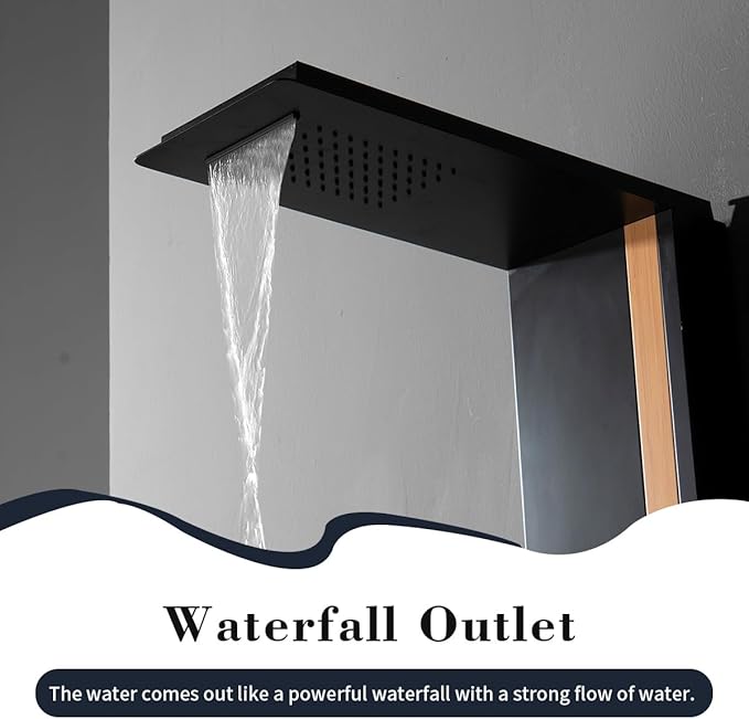 Shower Wall Panels Bathroom Shower Panel Tower System Multifunction Bamboo Wood and Stainless Steel Body Spray Jets Rainfall Waterfall Head with Handheld Wand and Tub Spout Wall Mount