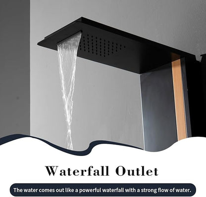 Shower Wall Panels Bathroom Shower Panel Tower System Multifunction Bamboo Wood and Stainless Steel Body Spray Jets Rainfall Waterfall Head with Handheld Wand and Tub Spout Wall Mount