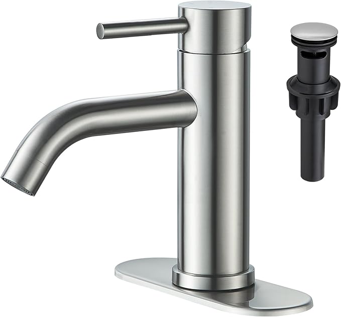 Bathroom Faucets, Brushed Nickel Single Hole Bathroom Sink Faucet Modern Single Handle Vanity Sink Faucet 1 Hole with 3 Hole Deck Plate, Pop Up Drain