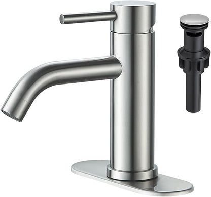 Bathroom Faucets, Brushed Nickel Single Hole Bathroom Sink Faucet Modern Single Handle Vanity Sink Faucet 1 Hole with 3 Hole Deck Plate, Pop Up Drain