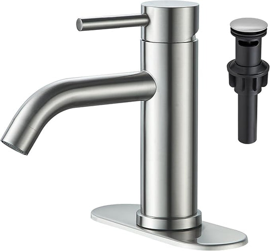 Bathroom Faucets, Brushed Nickel Single Hole Bathroom Sink Faucet Modern Single Handle Vanity Sink Faucet 1 Hole with 3 Hole Deck Plate, Pop Up Drain