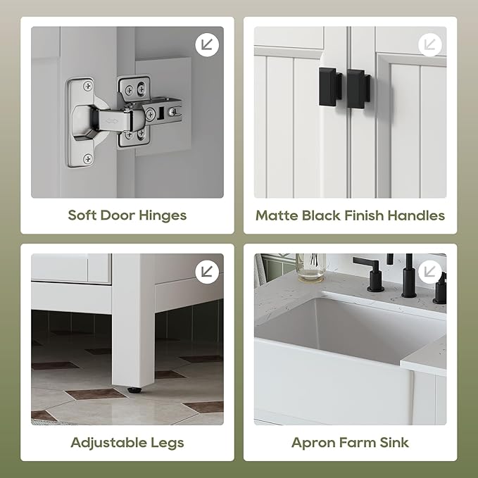 30 Inch Bathroom Vanity with Sink, Farmhouse Single Sink Bathroom Vanity with Adjustable Feet, Bathroom Storage Cabinet with Soft Closing Doors, Apron Farm Sink, White