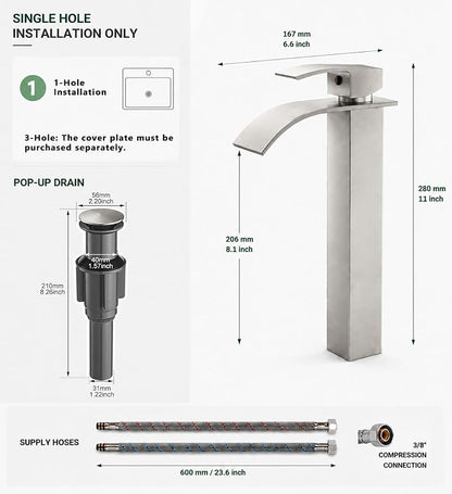 VOTON Vessel Sink Faucet Brushed Nickel Modern Tall Waterfall Bathroom Sink Faucet with Pop-Up Drain Single Handle Bathroom Faucet 1 Hole Bowl Lavatory Vanity Faucet, Rv Sink Camper Farmhouse Faucet