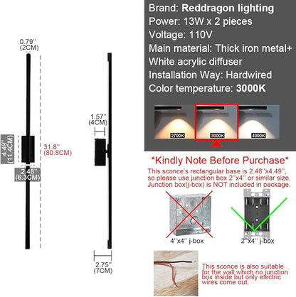 Only Suitable for Small Junction Box Set of 2 Hardwired Dimmable Long Black Tube Wall Sconce Linear Vanity Wall Light for Bathroom Bedroom Living Room Hallway (2 Pack, 32'', Black, Dimmable)