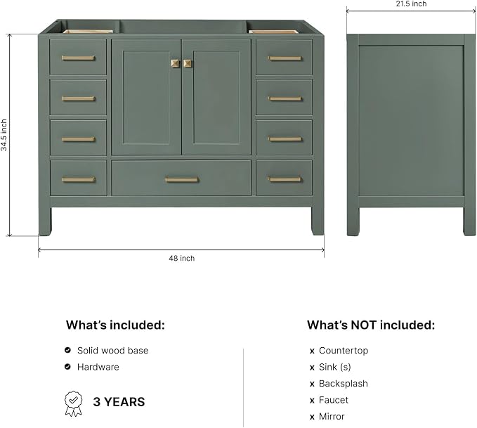 ARIEL Cambridge 48-inch Bathroom Vanity Base Cabinet,Solid Wood, 2 Soft Closing Doors, 9 Dovetail Drawers, Vintage Green