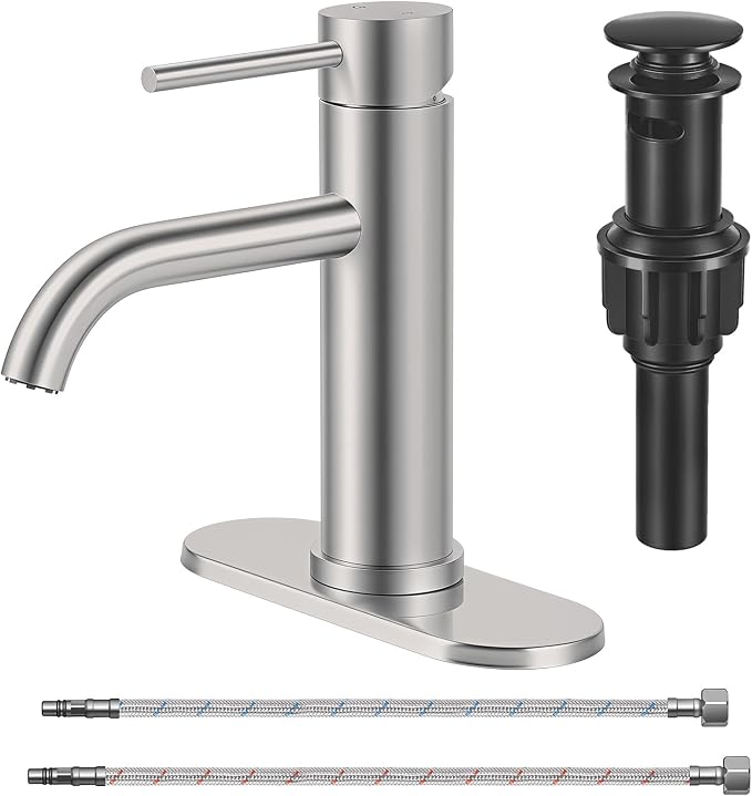 Bathroom Sink 1 Hole Single Handle Lever Faucets Stainless Steel | Pop Up Drain,Deck Plate,Flexible Hoses,1 or 3 Hole,Modern,for Vanity RV Bath Basin Wash Room Restroom Home,Brushed Nickel