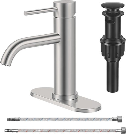 Bathroom Sink 1 Hole Single Handle Lever Faucets Stainless Steel | Pop Up Drain,Deck Plate,Flexible Hoses,1 or 3 Hole,Modern,for Vanity RV Bath Basin Wash Room Restroom Home,Brushed Nickel