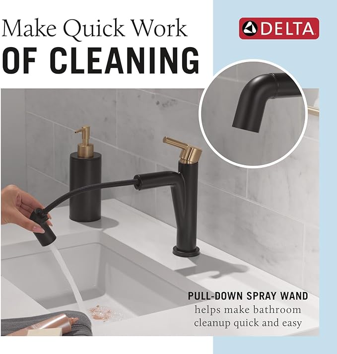 Delta Faucet Nicoli Pull-Down Single Hole Bathroom Faucet, Black and Gold Bathroom Sink Faucet with Pull Out Sprayer, Matte Black/Champagne Bronze 15849LF-GZPD
