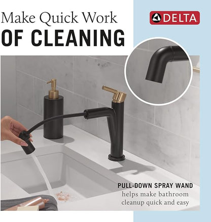 Delta Faucet Nicoli Pull-Down Single Hole Bathroom Faucet, Black and Gold Bathroom Sink Faucet with Pull Out Sprayer, Matte Black/Champagne Bronze 15849LF-GZPD