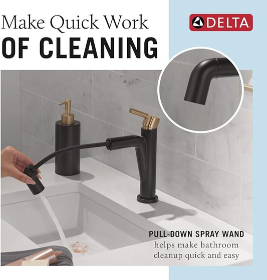 Delta Faucet Nicoli Pull-Down Single Hole Bathroom Faucet, Black and Gold Bathroom Sink Faucet with Pull Out Sprayer, Matte Black/Champagne Bronze 15849LF-GZPD