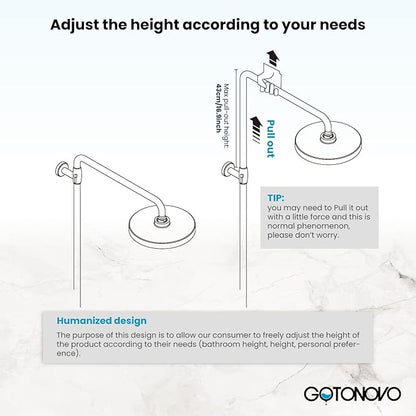 gotonovo Polish Chrome 8 inch Rainfall Shower Head With Adjustable Ceramics Handheld Sprayer Dual Functions Exposed Shower Faucet with Shower Shelf Wall Mounted Double Cross Handles