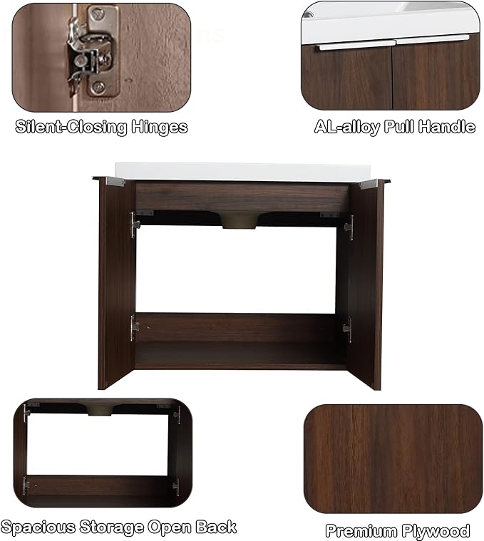 SSLine Wall Mounted Bathroom Vanity with Sink Combo Modern 24-Inch Single Bathroom Vanity Set with Top Basin &Storage Cabinet Wood Hanging Bath Cabinet w/Resin Sink for Small Space(Dark Walnut)