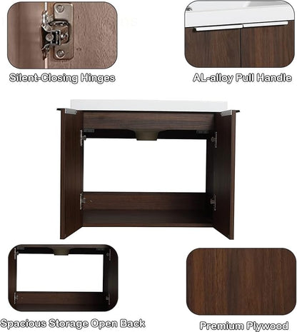 SSLine Wall Mounted Bathroom Vanity with Sink Combo Modern 24-Inch Single Bathroom Vanity Set with Top Basin &Storage Cabinet Wood Hanging Bath Cabinet w/Resin Sink for Small Space(Dark Walnut)