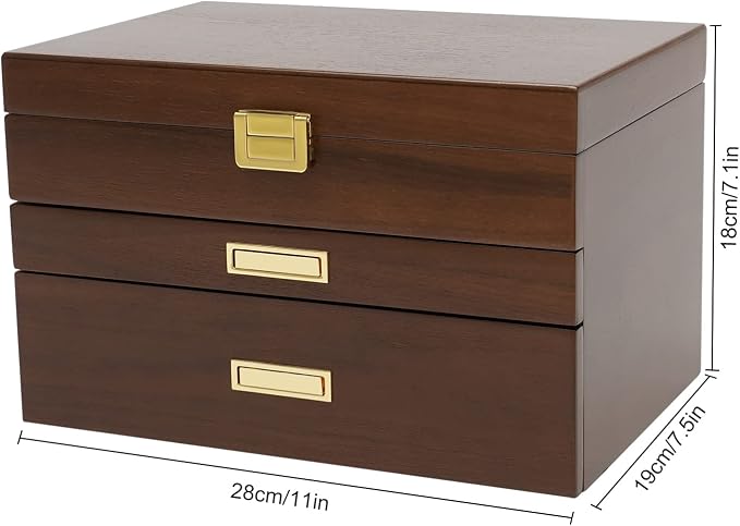Wooden Jewelry Box for Women, 3 Layers Large Wooden Jewelry Organizer Box Watches Necklace Ring Storage Box for Women (Walnut 3 Layer)