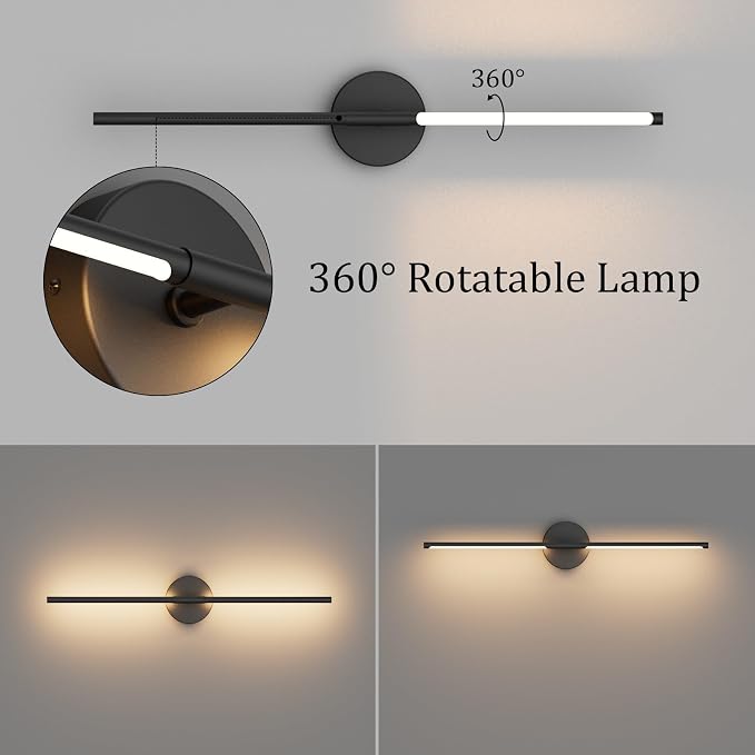 28In Black Wall Sconce Set of Two Hardwired 3000K LED Modern Wall Light Fixture 360° Rotatable for Living Room Hallway Bedroom(2 Pack)