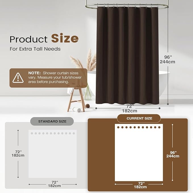 BTTN 3 in 1 Shower Curtain Set - 96 Inch Extra Long Linen Textured Cloth Shower Curtain Liner with Plastic Hooks and 3 Magnets, Tall Modern Hotel Waterproof Shower Curtain for Bathroom, Brown,72x96