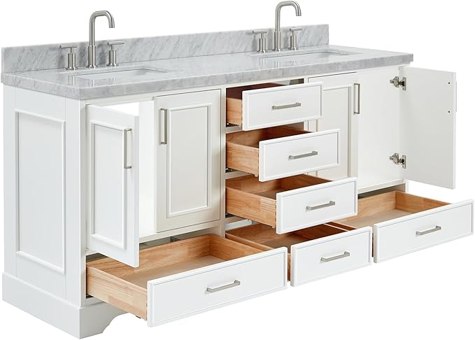ARIEL Stafford 72-inch Bathroom Vanity with Sink,Solid Wood, 1.5-inch Italian Carrara Marble Countertop, Double Rectangular Porcelain Sink, 4 Soft Closing Doors, 6 Dovetail Drawers, White