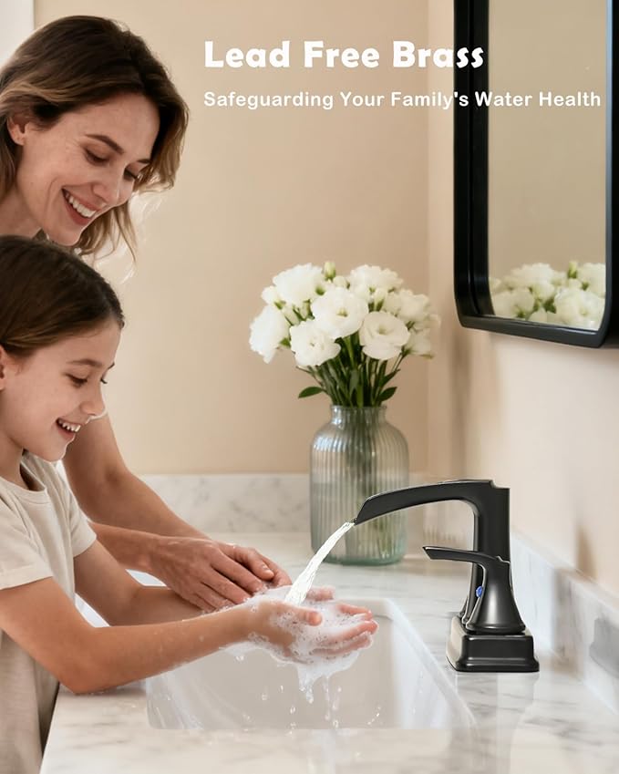 Fapully Matte Black Bathroom Faucet, Waterfall Bathroom Sink Faucet Widespread, 4 Inch Centerset Faucet for Bathroom Sink with Pop-up Drain