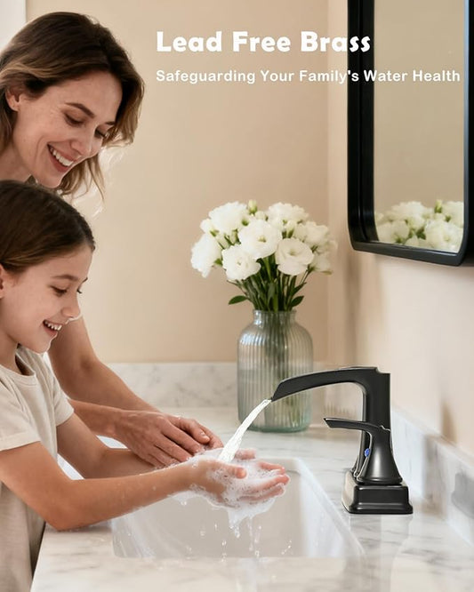Fapully Matte Black Bathroom Faucet, Waterfall Bathroom Sink Faucet Widespread, 4 Inch Centerset Faucet for Bathroom Sink with Pop-up Drain