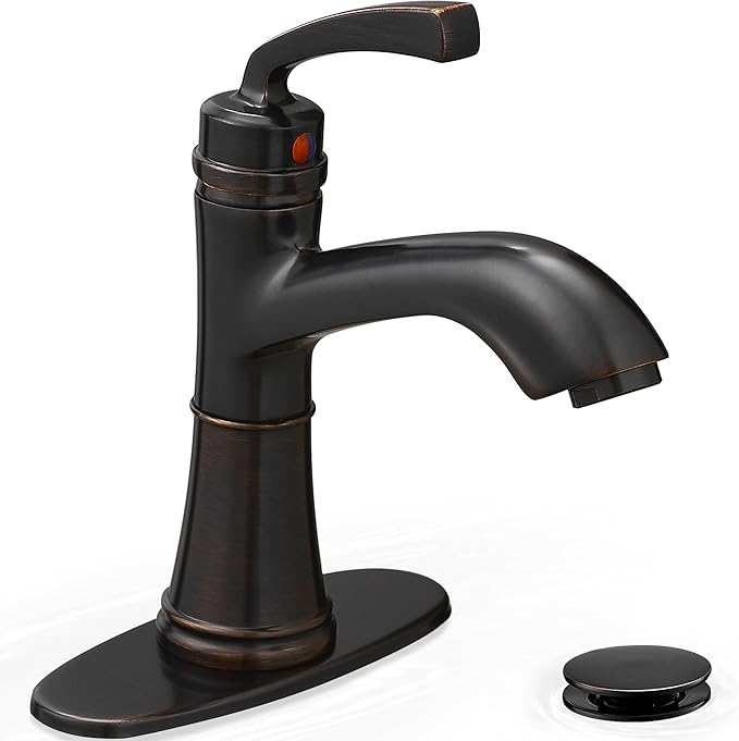 Brass One Hole Bathroom Faucet, 4 Inch Oil Rubbed Bronze Bathroom Faucets 3 Hole, Bathroom Sink Faucet Single Handle, Vanity Sink Faucet with Deck Plate, Pre-Installed Hoses, Pop-up Drain