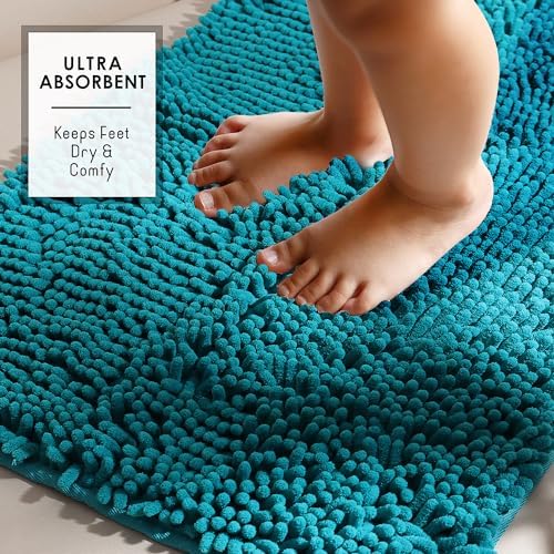 Hearth & Harbor Bathroom Rugs, Chenille Bath Mat - Machine Washable Bath Mats for Bathroom Non-Slip Backing Rubber, Quick Dry - Teal Blue Bath Rug, 17x24-20x32-20x24