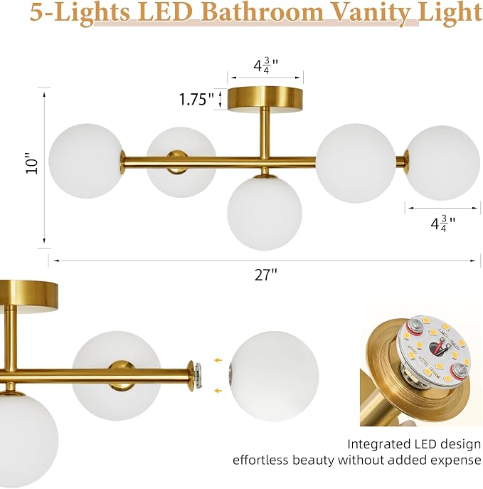 Modern Bathroom Vanity Light Fixtures,LED Brushed Gold Wall Sconce Lighting | 5 Lights Milk Glass Globe Vanity Light,Brushed Gold Bathroom Vanity Light,Dimmable Brass Mid Century Wall Sconces over Mirror