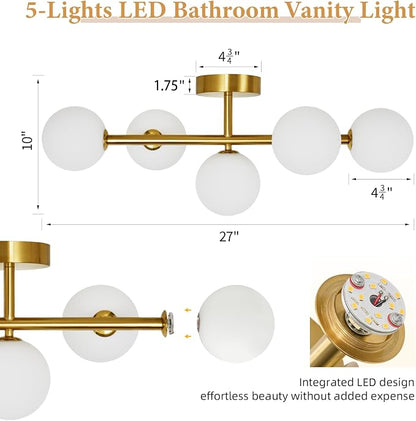 Modern Bathroom Vanity Light Fixtures,LED Brushed Gold Wall Sconce Lighting | 5 Lights Milk Glass Globe Vanity Light,Brushed Gold Bathroom Vanity Light,Dimmable Brass Mid Century Wall Sconces over Mirror