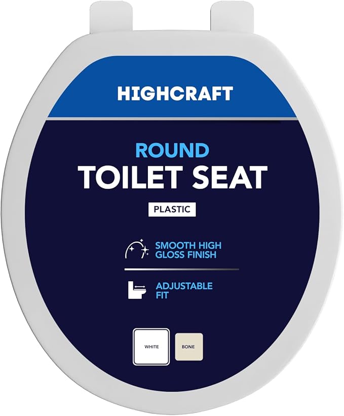 HIGHCRAFT Premium Round Toilet Seat with Adjustable Hinges - Molded Plastic Toilet Seat - Fits Standard Round Toilets - Round Seat in White