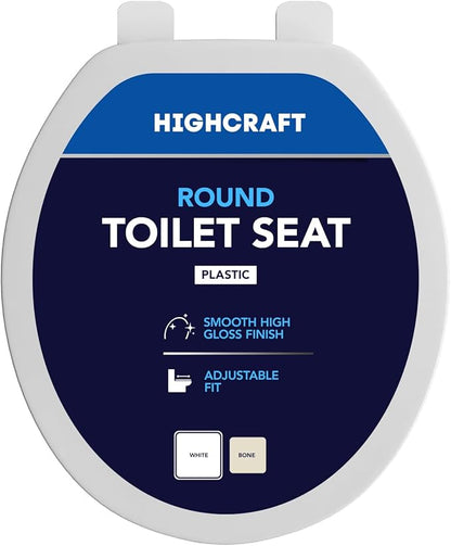 HIGHCRAFT Premium Round Toilet Seat with Adjustable Hinges - Molded Plastic Toilet Seat - Fits Standard Round Toilets - Round Seat in White