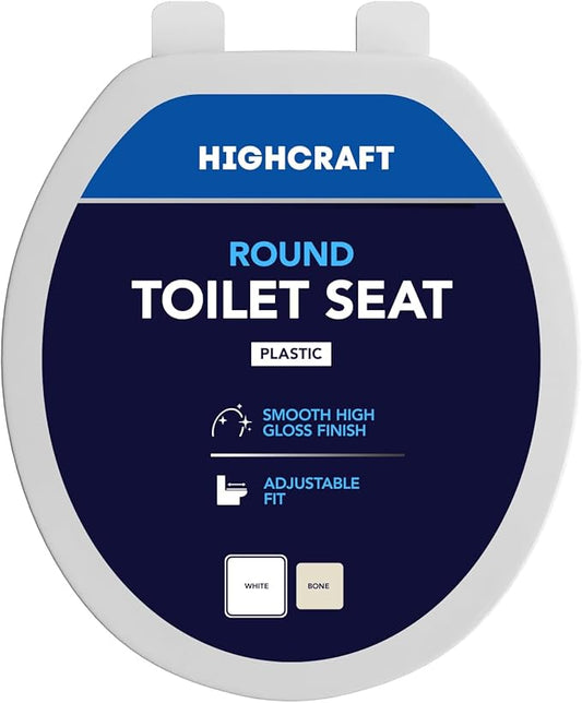 HIGHCRAFT Premium Round Toilet Seat with Adjustable Hinges - Molded Plastic Toilet Seat - Fits Standard Round Toilets - Round Seat in White