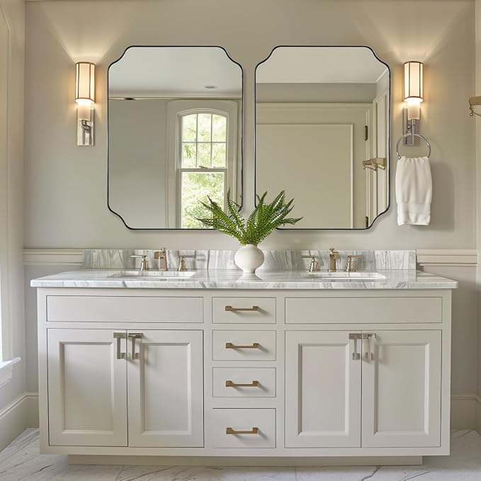 Scalloped Bathroom Mirror, 24x32’’ Brushed Nickel Rectangle Mirror for Bathroom, Silver Bathroom Vanity Mirror, Unique Scalloped Edge Design, Rust-Proof Stainless Steel Frame