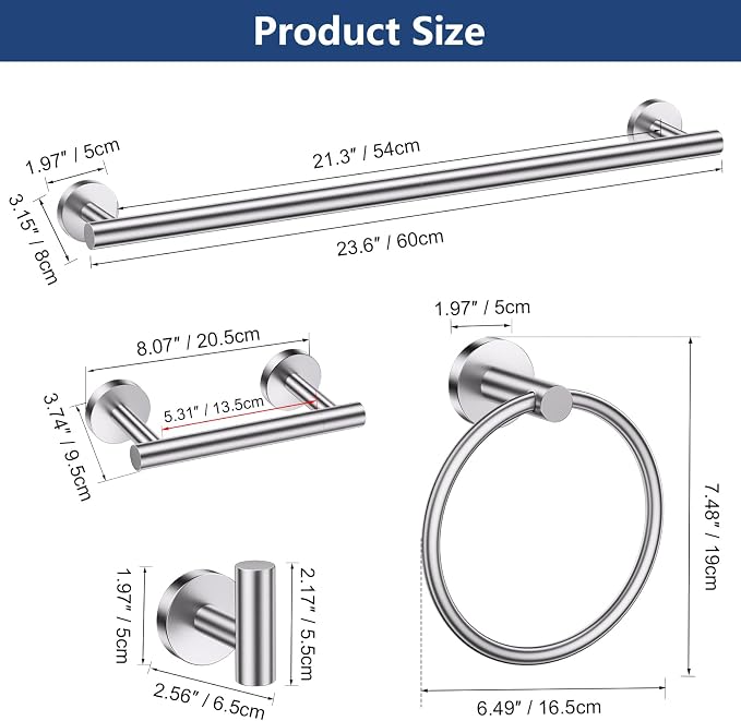 TQKAG Brushed Nickel Toilet Paper Holder, 5 Piece Towel Racks for Bathroom | 23.6" Bathroom Hardware Set, SUS304 Stainless Steel, Double Post Pivoting, Towel Hooks, Toilet Paper Holder Set Wall Mounted