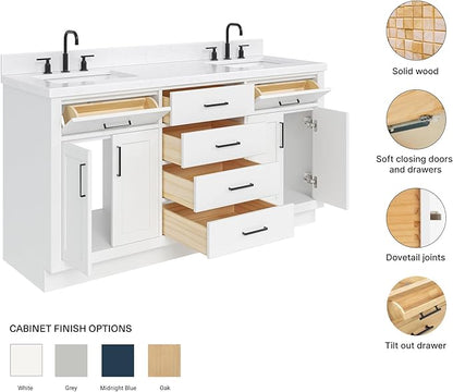 ARIEL Hepburn 66-inch Bathroom Vanity with Sink,Solid Wood, 1.5-inch Carrara White Quartz Countertop & Backsplash, Double Rectangular Porcelain Sink, 4 Soft Closing Doors, 6 Dovetail Drawers, White