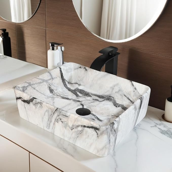 Bathroom Vessel Sink Modern Farmhouse White Rectangular Marble Vessel Sink - 19"x15" Handmade Ceramic Countertop Porcelain Sink Thickened Edges & Natural Stone Veins