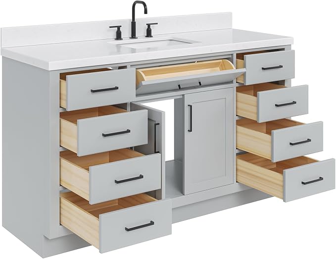ARIEL Hepburn 60-inch Bathroom Vanity with Sink,Solid Wood, 1.5-inch Carrara White Quartz Countertop & Backsplash, Single Rectangular Porcelain Sink, 2 Soft Closing Doors, 9 Dovetail Drawers, Grey