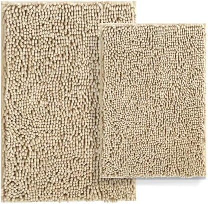 RUN HELIX Beige Bathroom Rug Mat Set, Extra Thick and Absorbent Bath Rugs, Non-Slip, Chenille Soft Plush Shaggy, Washable, for Bathroom, Bedroom, 24x16+20x32 Inch